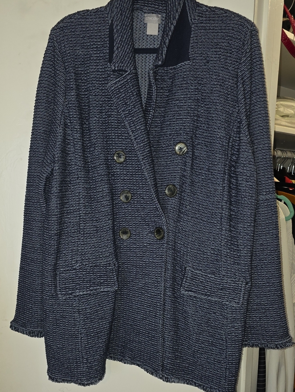 Chico's Navy Textured Double-Breasted Blazer